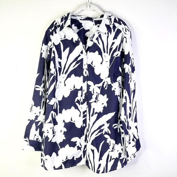 Roaman's Tops - Roaman's Top Women 22W Plus White Navy Floral Button Down Collar Preppy NWOT